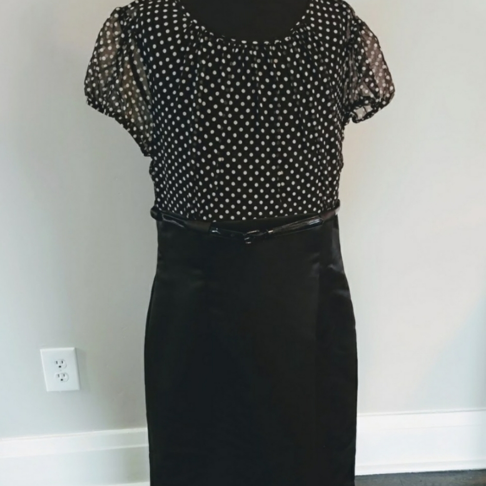 Tahari Chiffon Top Satin Pencil Skirt Belted Dress